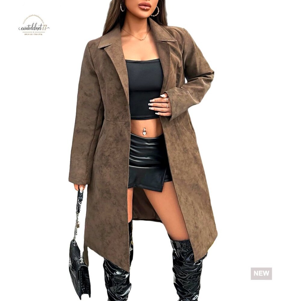 Faux Leather Trench Coat Long Loose Button Lined Open Front Motorcycle Style